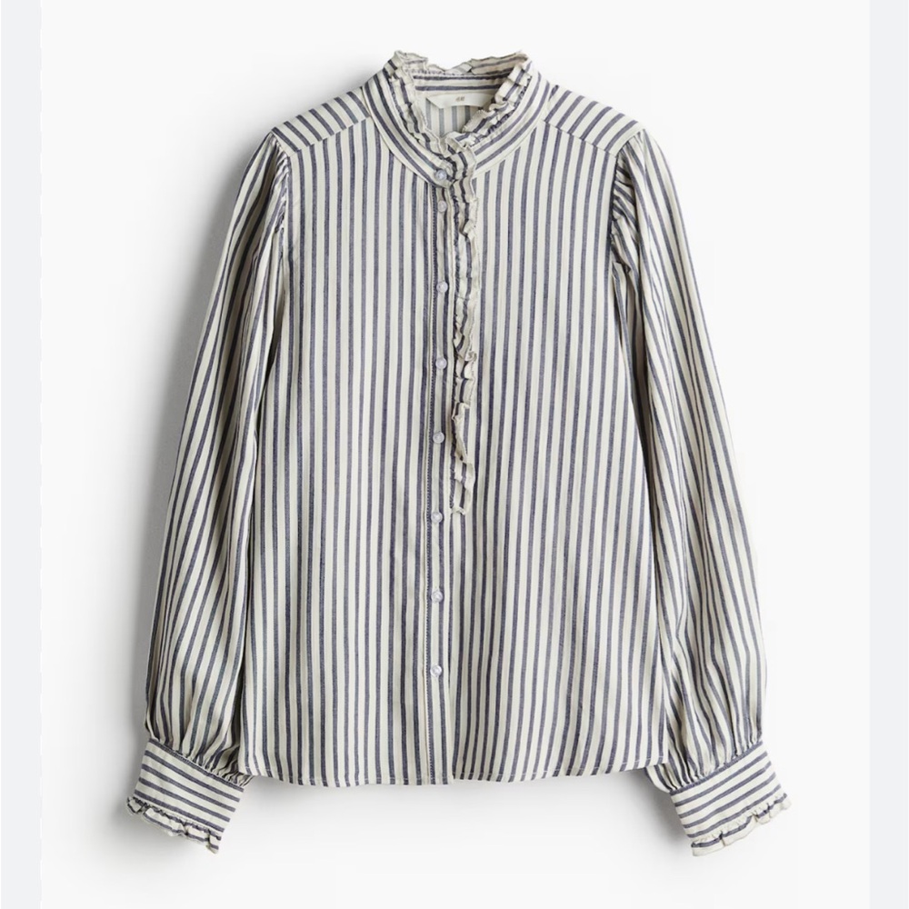 H&M ruffle trimmed twill blouse, striped, size small